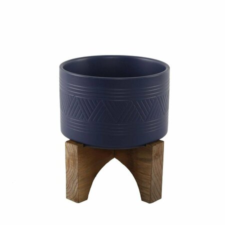 FLORA BUNDA 7' Mountain Ceramic Planter on Wood Stand, Matte Navy CT871E-MTNV